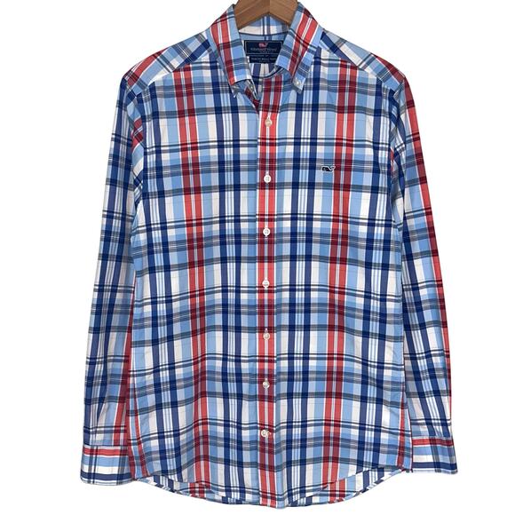 Vineyard Vines Preppy Slim Fit Blue Red Plaid Whale Button Up Shirt Size Small - Picture 1 of 14
